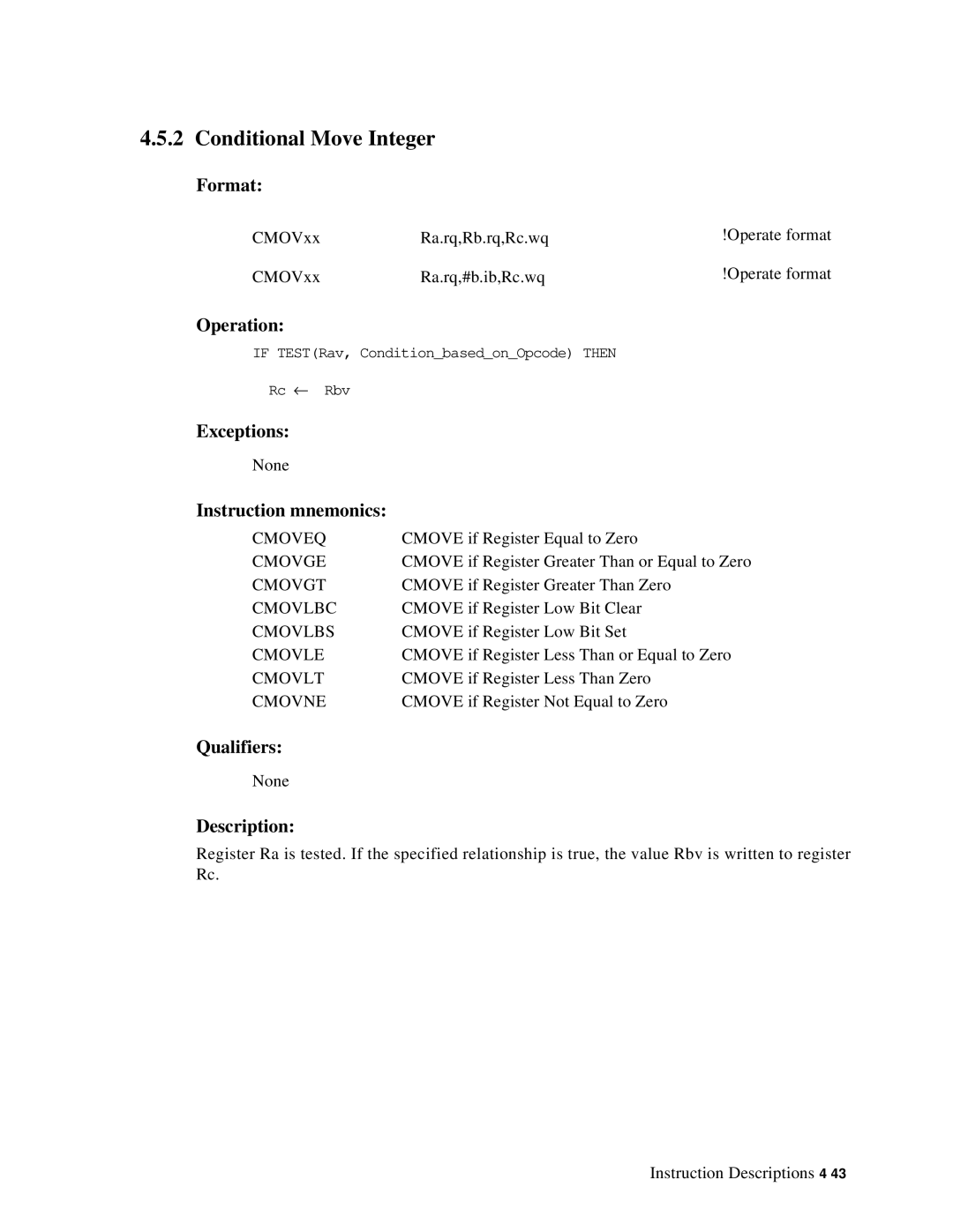 Compaq ECQD2KCTE manual Conditional Move Integer 