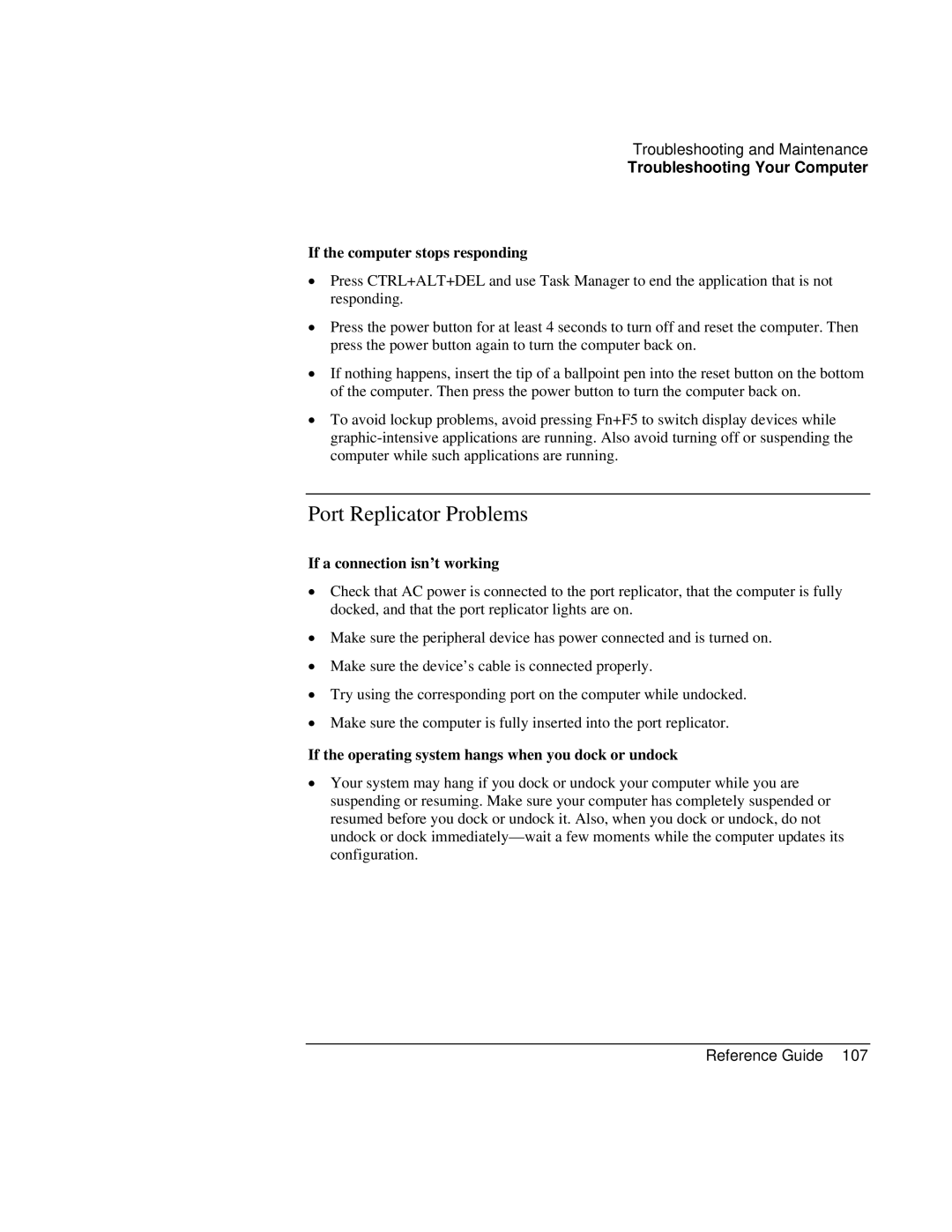 Compaq EH63V, EH65V manual Port Replicator Problems, If the computer stops responding, If a connection isn’t working 