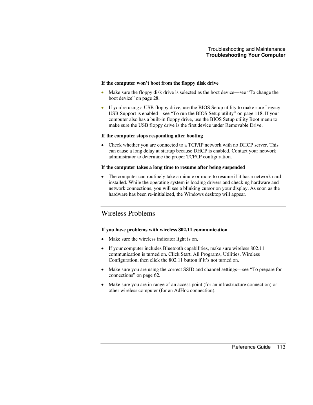 Compaq EH63V, EH65V manual Wireless Problems, If the computer won’t boot from the floppy disk drive 