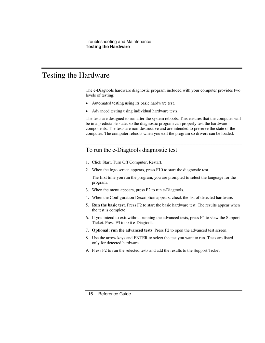 Compaq EH65V, EH63V manual Testing the Hardware, To run the e-Diagtools diagnostic test 