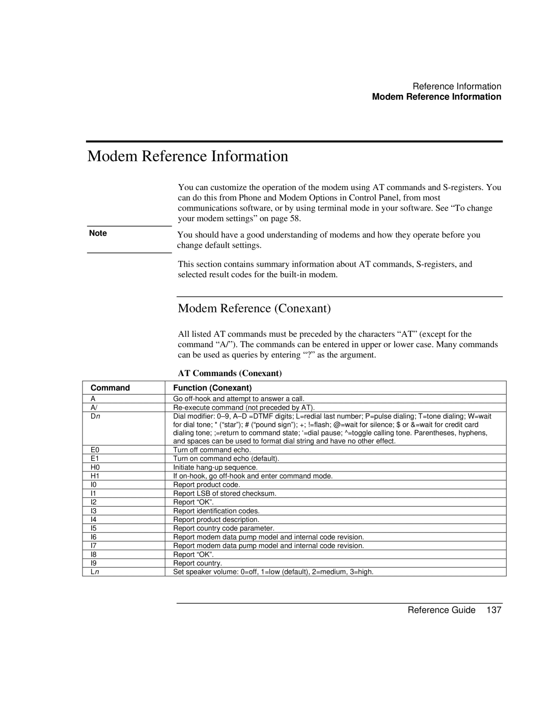 Compaq EH65V, EH63V Modem Reference Information, Modem Reference Conexant, AT Commands Conexant, Command Function Conexant 