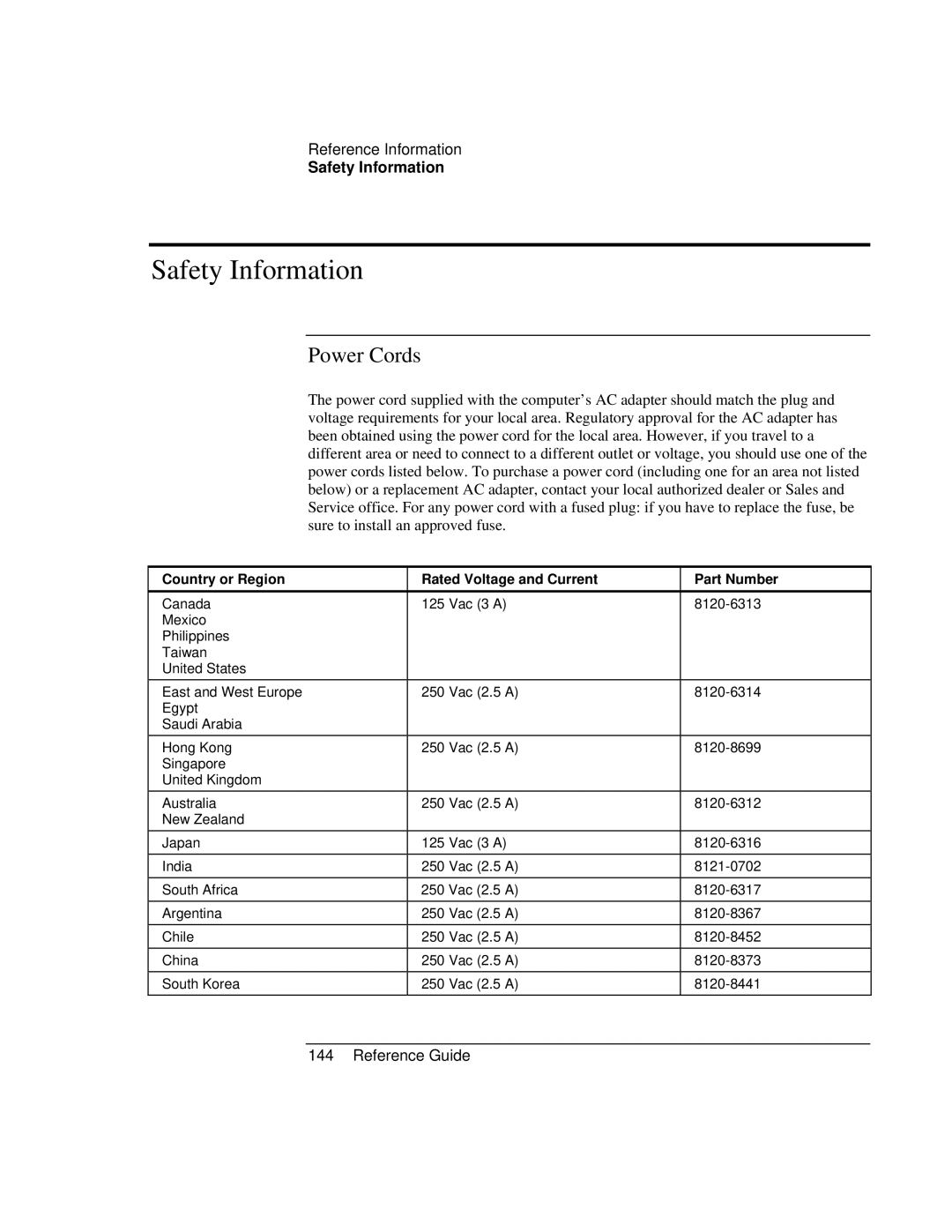 Compaq EH63V, EH65V manual Safety Information, Power Cords, Country or Region Rated Voltage and Current Part Number 
