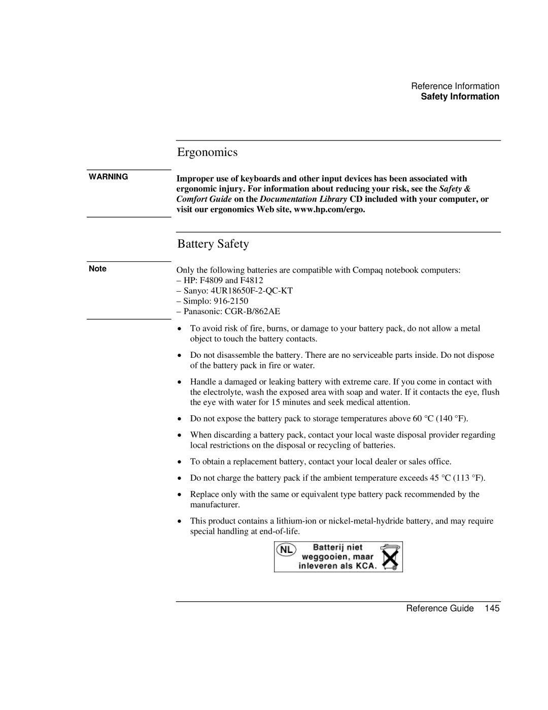 Compaq EH65V, EH63V manual Ergonomics Battery Safety 