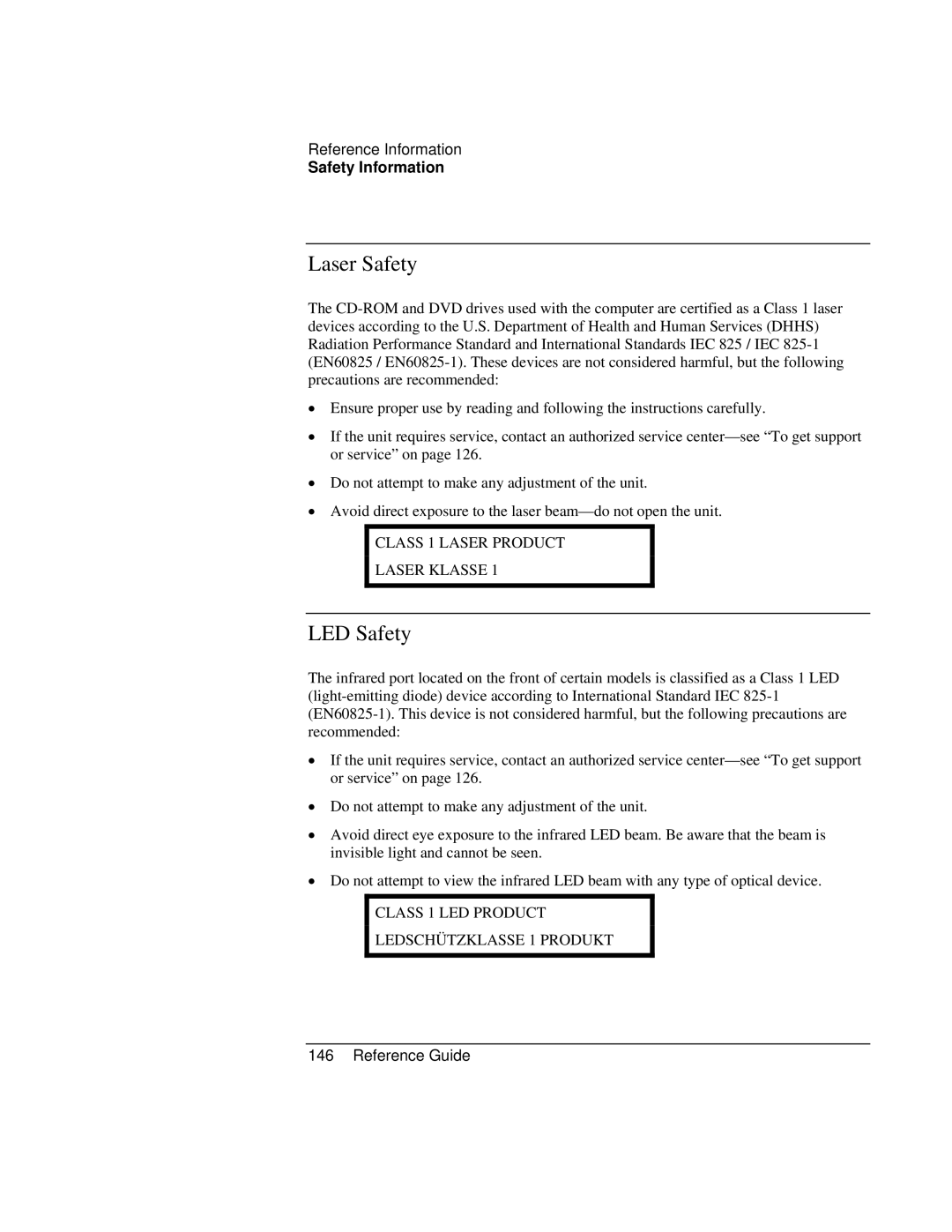 Compaq EH63V, EH65V manual Laser Safety, LED Safety 