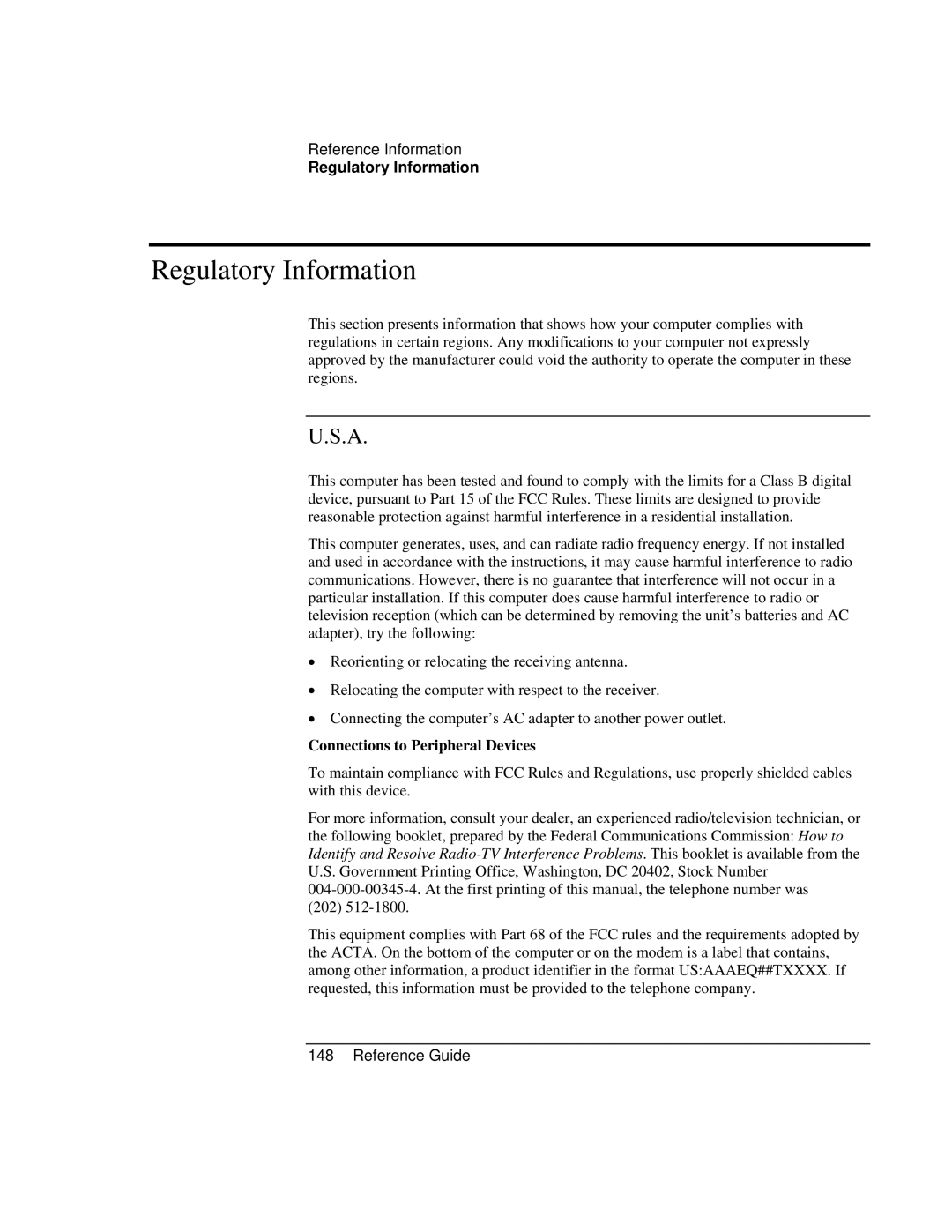 Compaq EH63V, EH65V manual Regulatory Information, Connections to Peripheral Devices 