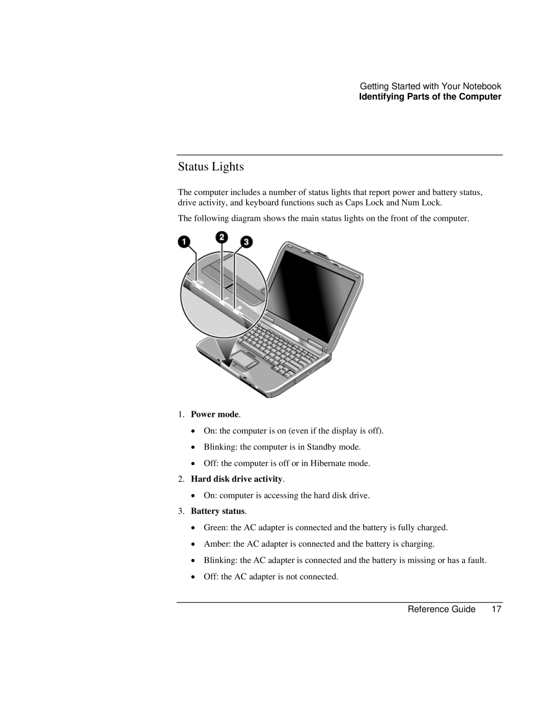 Compaq EH63V, EH65V manual Status Lights, Power mode, Hard disk drive activity, Battery status 