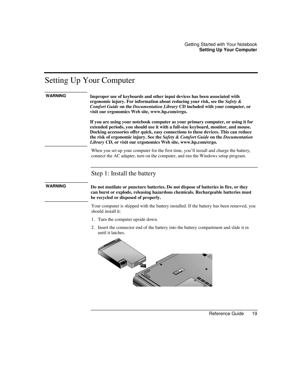 Compaq EH63V, EH65V manual Setting Up Your Computer, Install the battery 