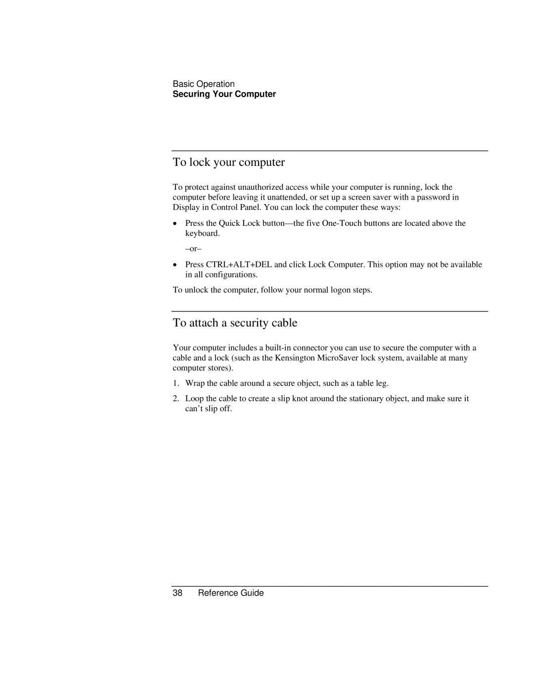 Compaq EH65V, EH63V manual To lock your computer, To attach a security cable 