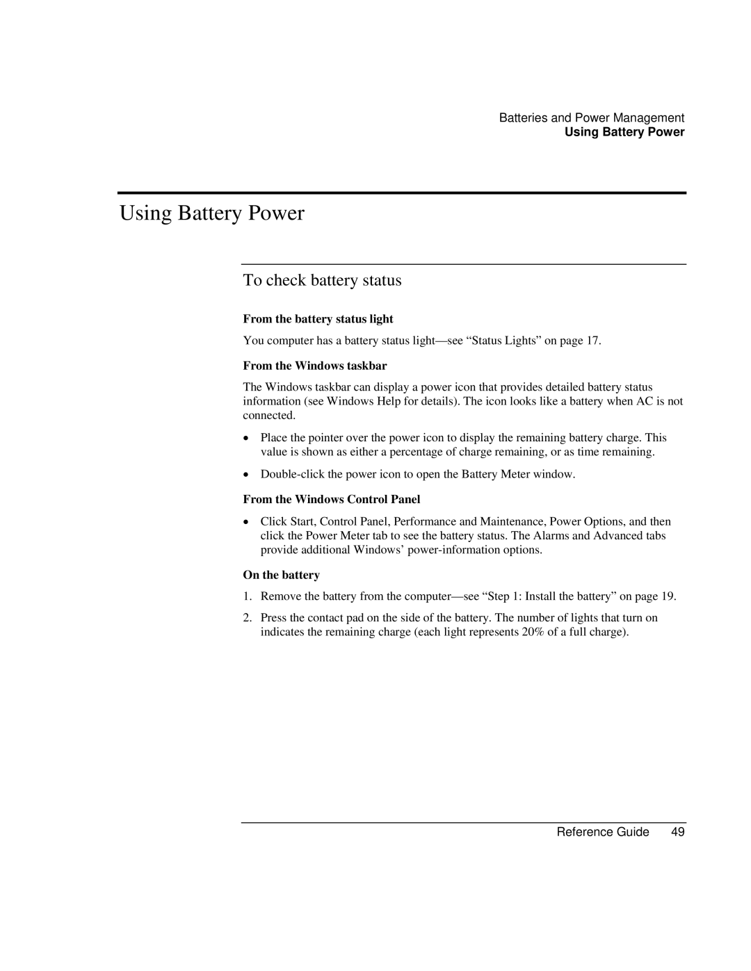 Compaq EH65V, EH63V manual Using Battery Power, To check battery status 