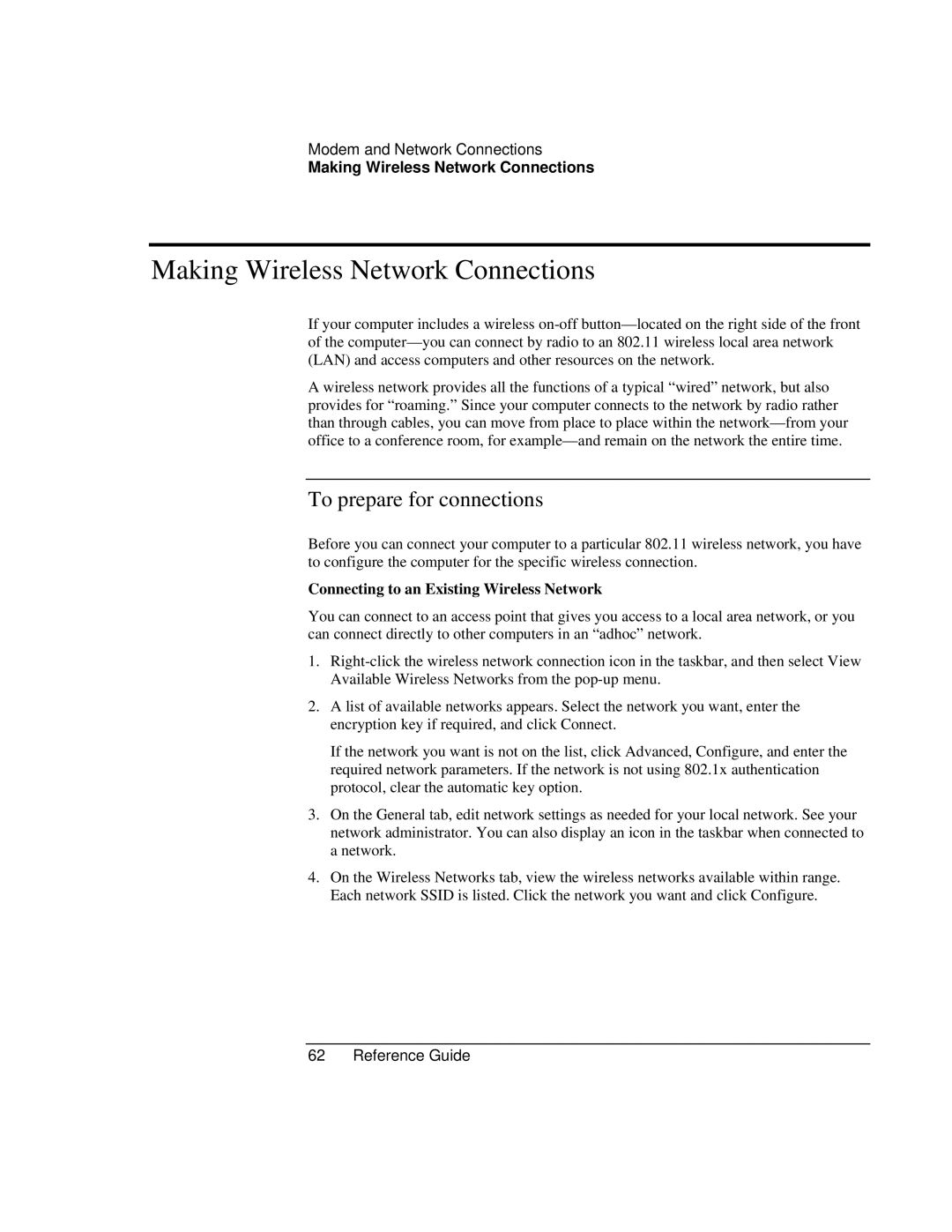 Compaq EH65V Making Wireless Network Connections, To prepare for connections, Connecting to an Existing Wireless Network 