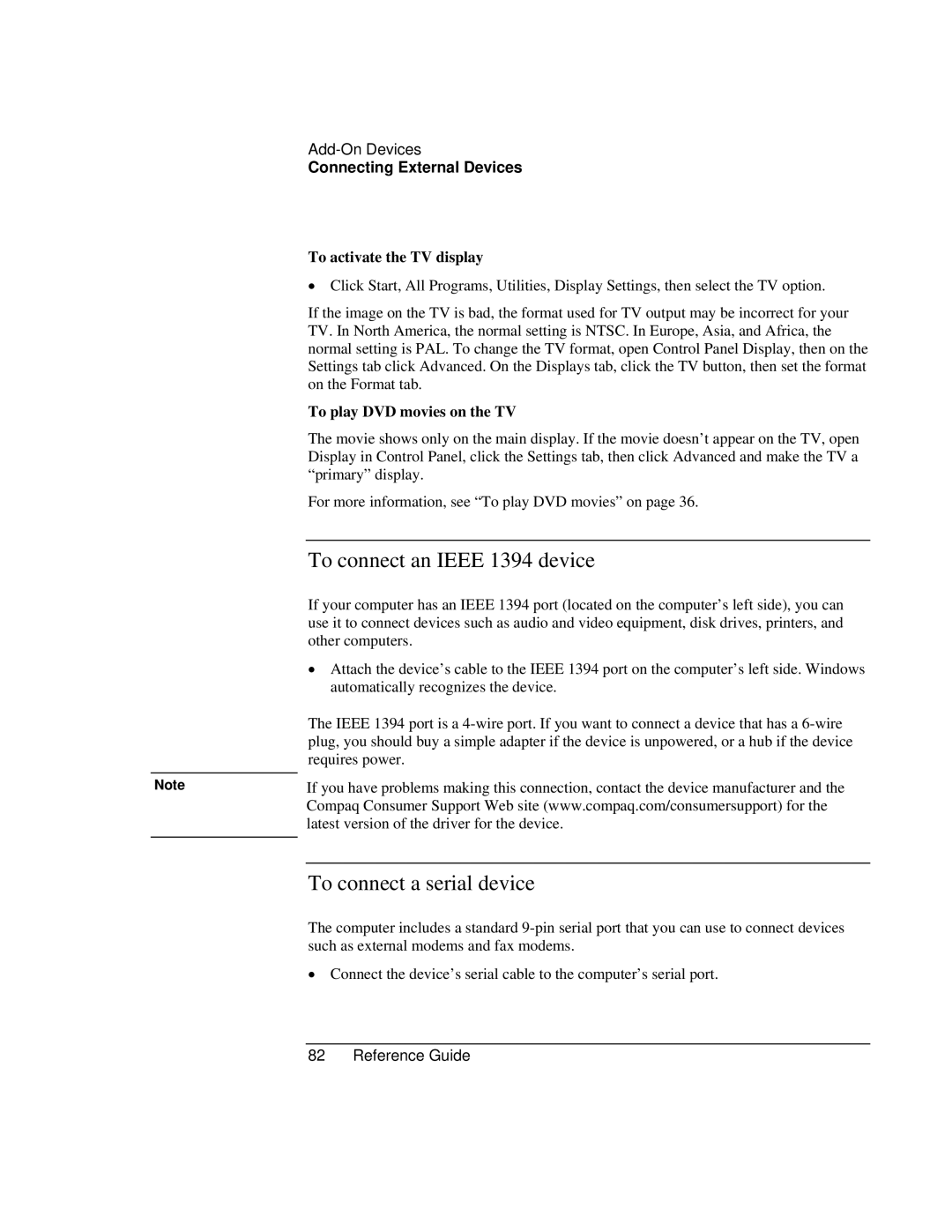 Compaq EH63V, EH65V manual To connect an Ieee 1394 device, To connect a serial device, To activate the TV display 