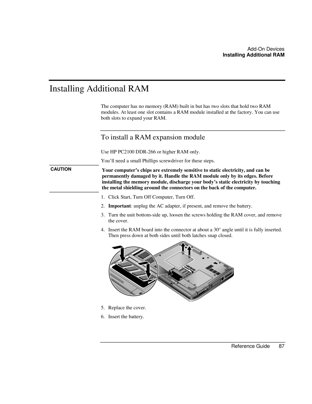 Compaq EH65V, EH63V manual Installing Additional RAM, To install a RAM expansion module 