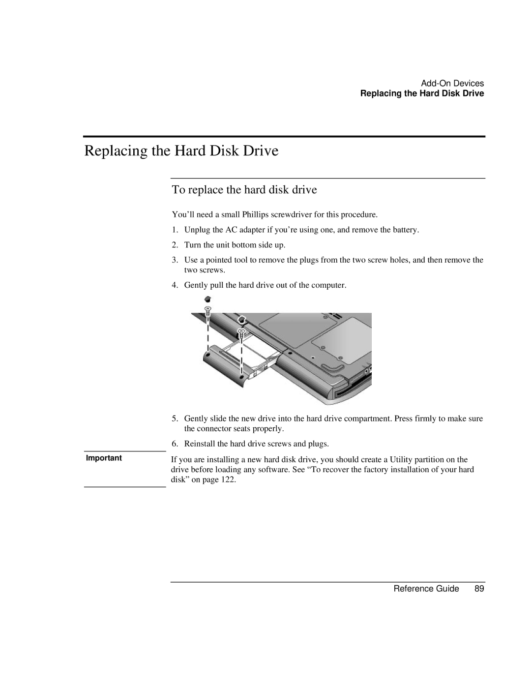 Compaq EH65V, EH63V manual Replacing the Hard Disk Drive, To replace the hard disk drive 