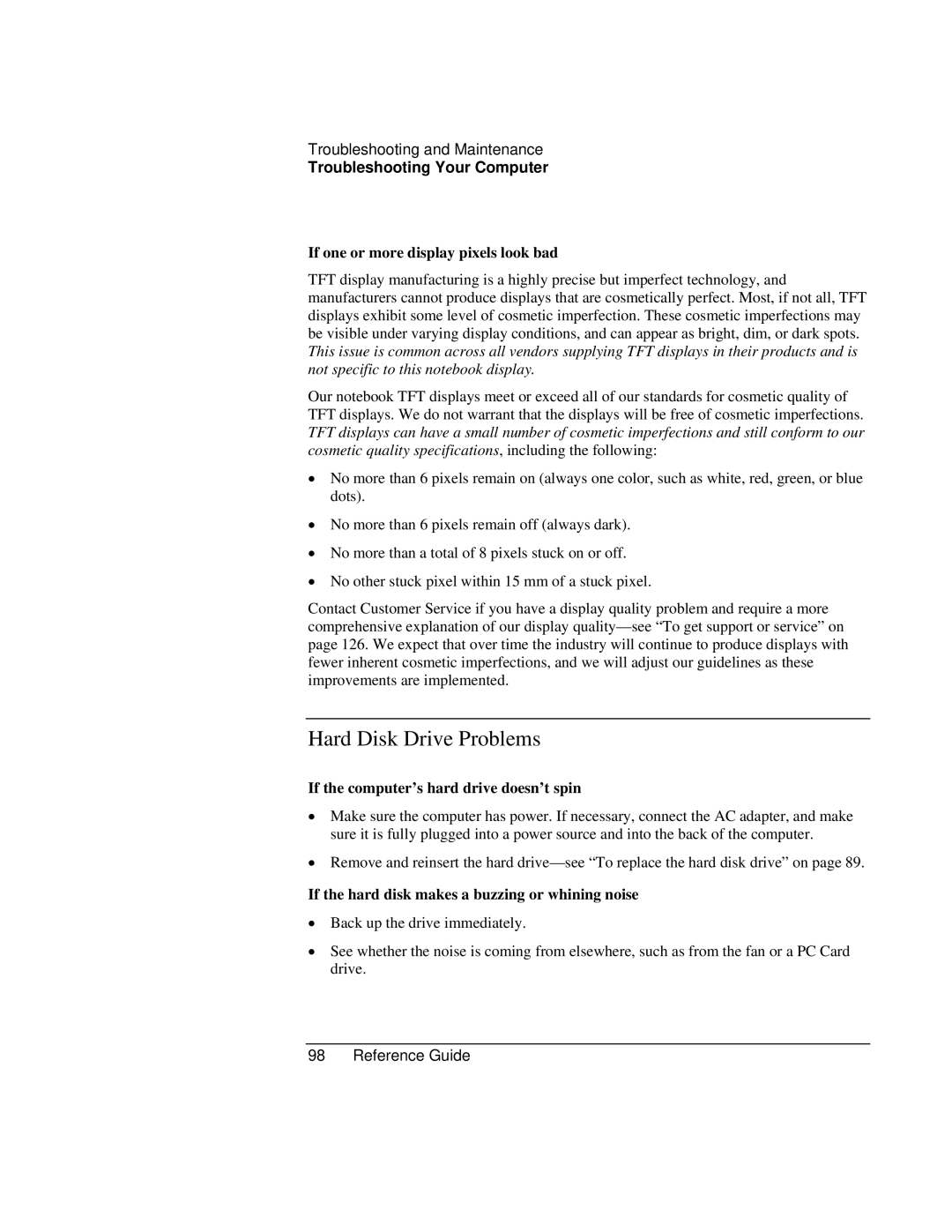 Compaq EH65V Hard Disk Drive Problems, If one or more display pixels look bad, If the computer’s hard drive doesn’t spin 