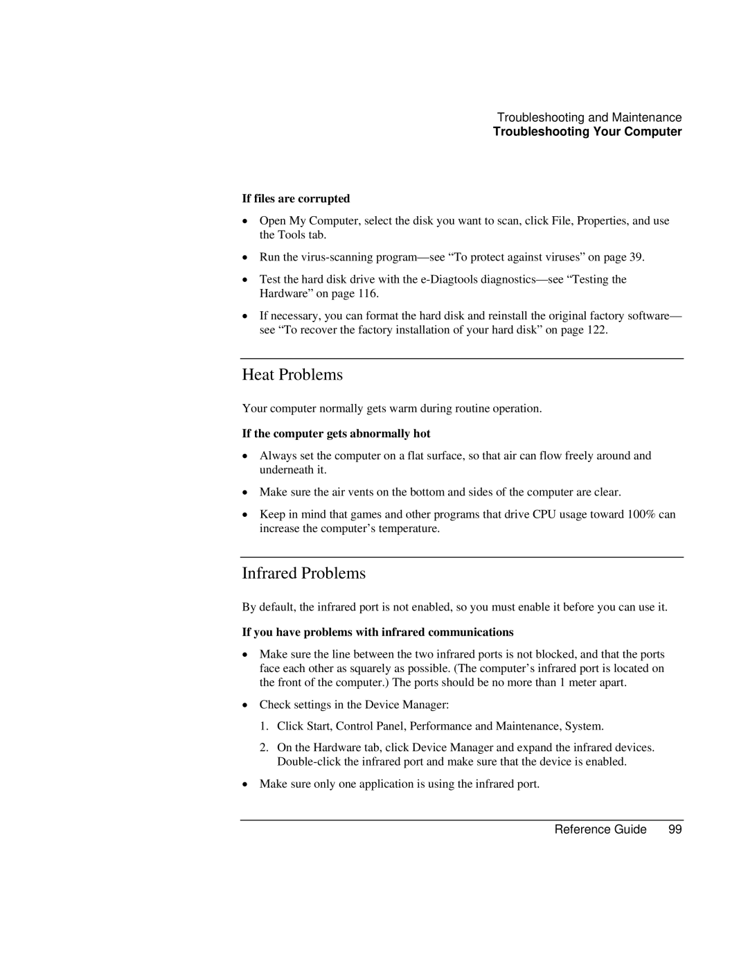 Compaq EH63V, EH65V manual Heat Problems, Infrared Problems, If files are corrupted, If the computer gets abnormally hot 