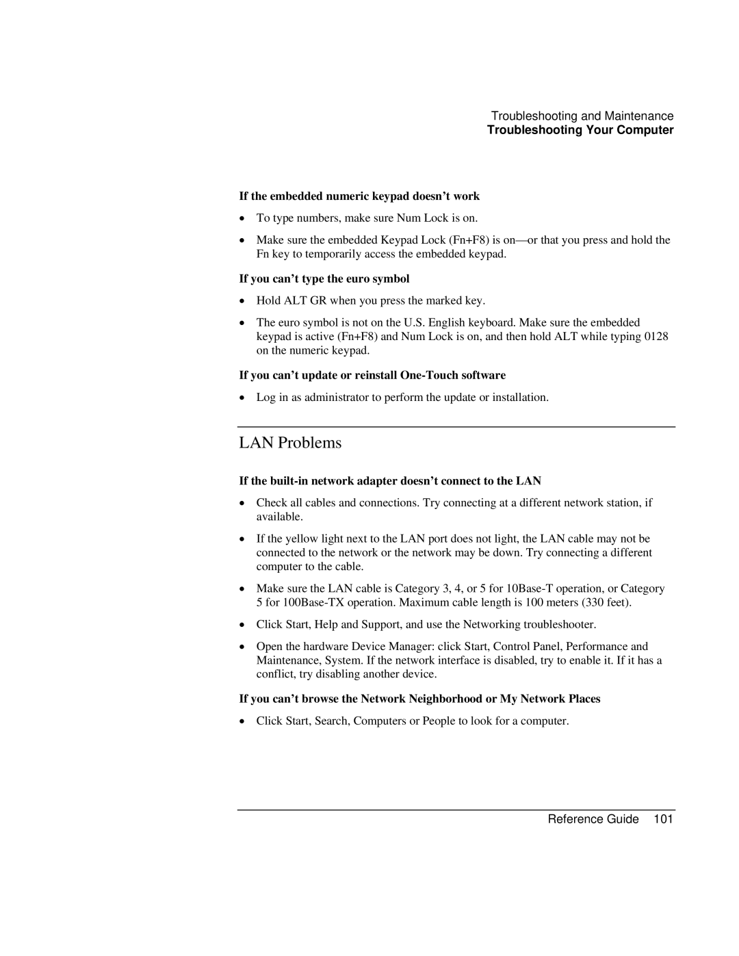 Compaq EH63V, EH65V manual LAN Problems, If the embedded numeric keypad doesn’t work, If you can’t type the euro symbol 