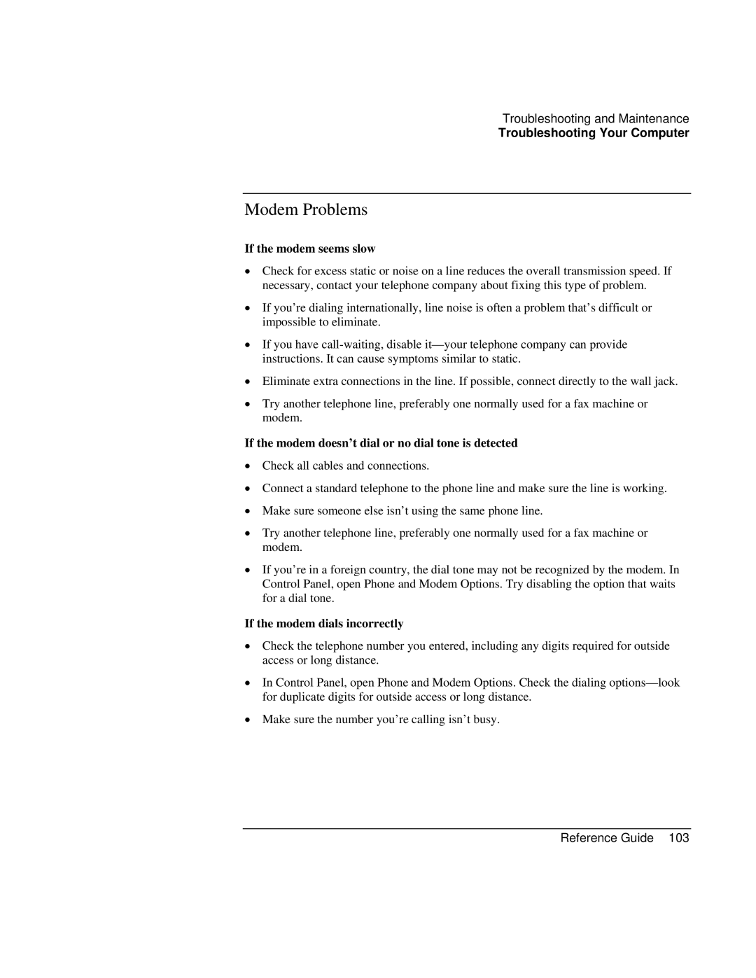 Compaq EH63V, EH65V manual Modem Problems, If the modem seems slow, If the modem doesn’t dial or no dial tone is detected 