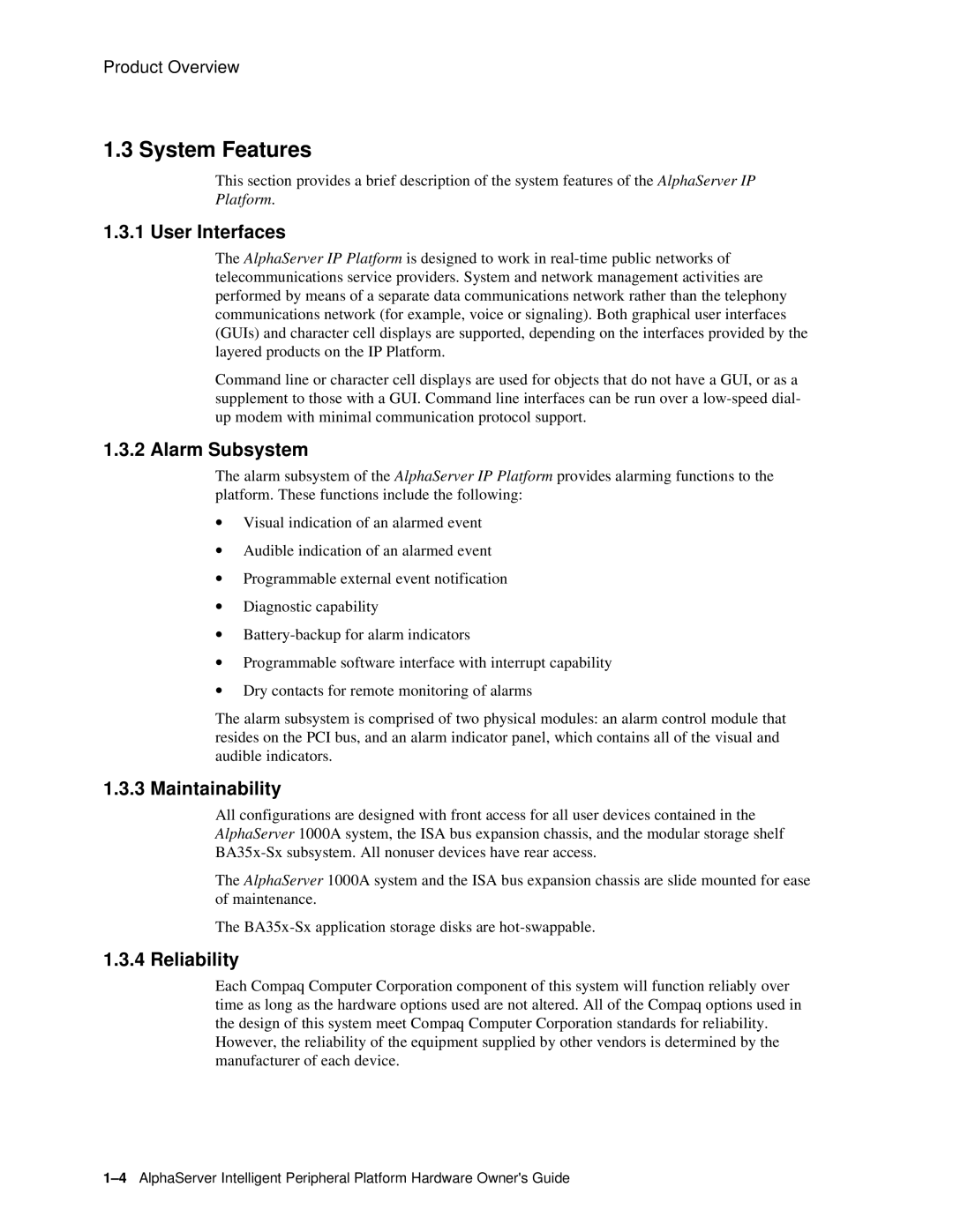 Compaq EK-ASIP2-OG. D01 manual System Features, User Interfaces, Alarm Subsystem, Maintainability, Reliability 