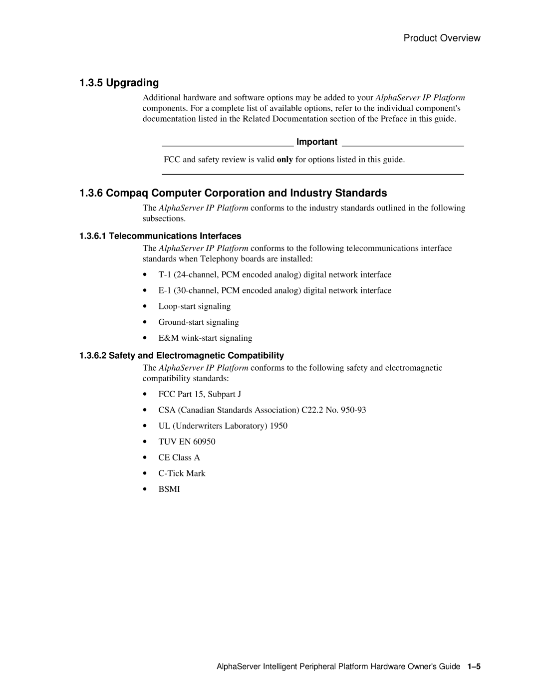 Compaq EK-ASIP2-OG. D01 manual Upgrading, Compaq Computer Corporation and Industry Standards, Telecommunications Interfaces 