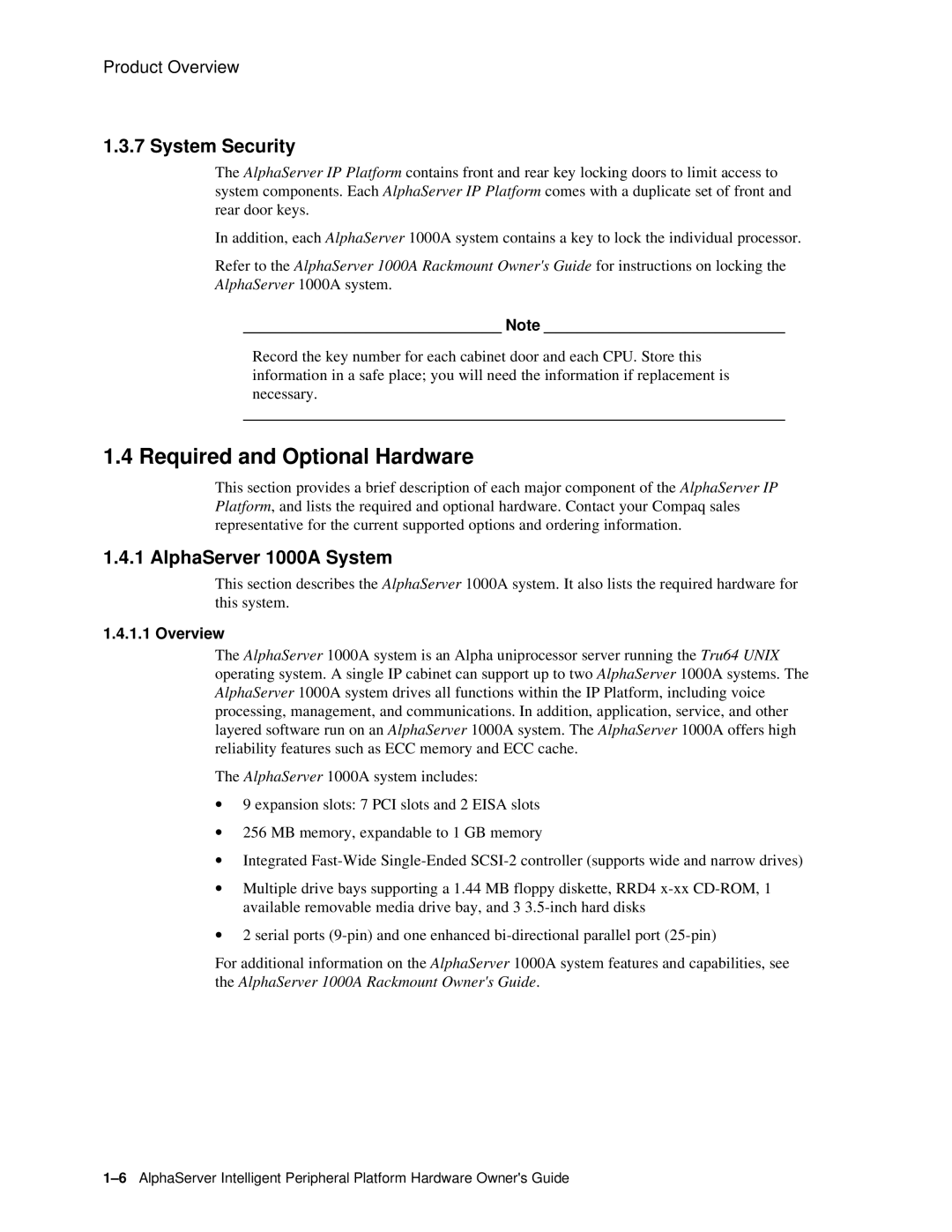 Compaq EK-ASIP2-OG. D01 manual Required and Optional Hardware, System Security, AlphaServer 1000A System, Overview 