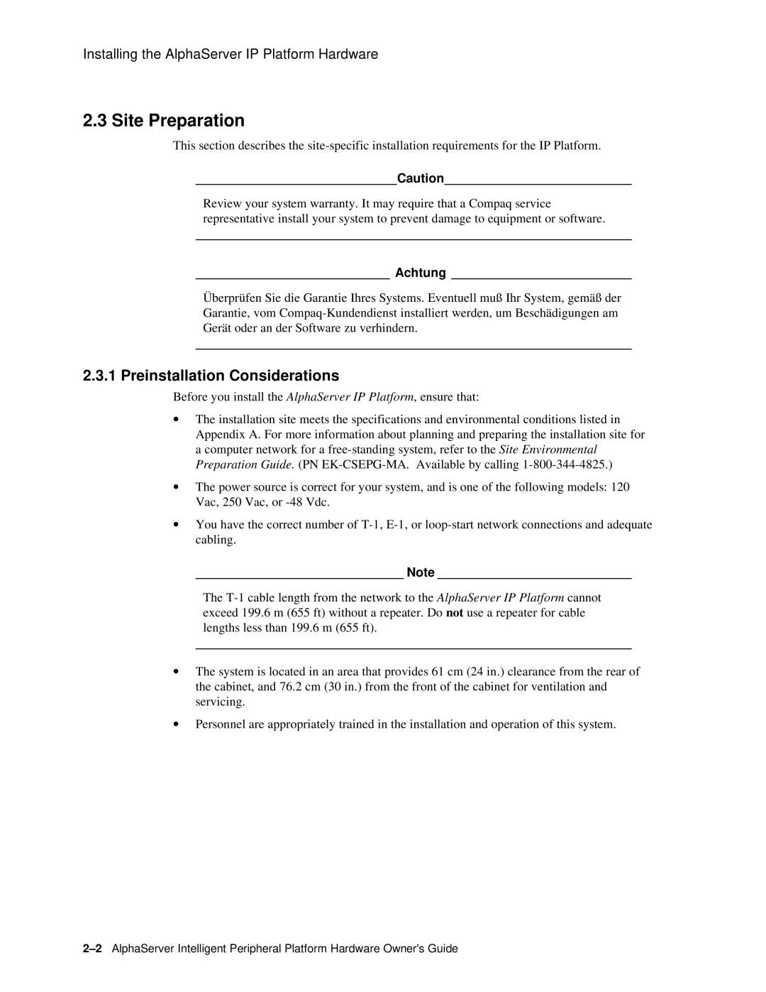 Compaq EK-ASIP2-OG. D01 manual Site Preparation, Preinstallation Considerations, Achtung 