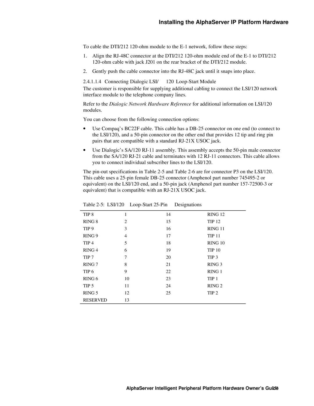 Compaq EK-ASIP2-OG. D01 manual Connecting Dialogic LSI/120 Loop-Start Module, LSI/120 Loop-Start 25-Pin Designations 