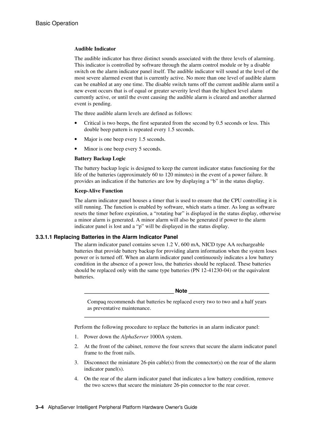 Compaq EK-ASIP2-OG. D01 manual Audible Indicator, Replacing Batteries in the Alarm Indicator Panel 