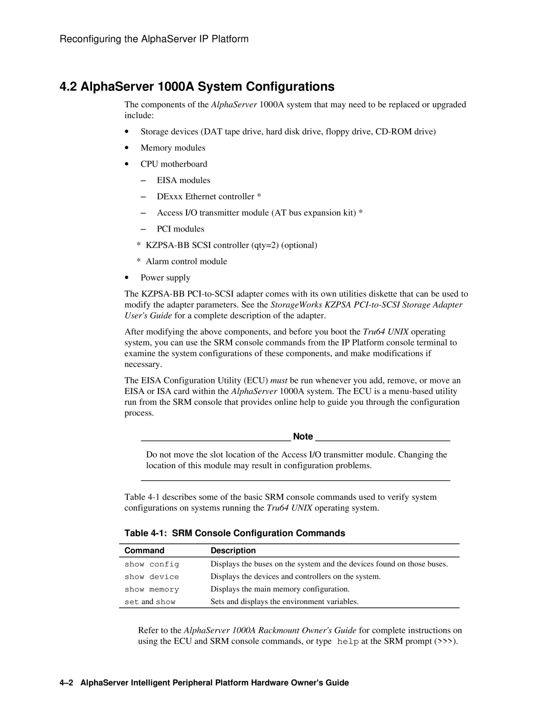 Compaq EK-ASIP2-OG. D01 AlphaServer 1000A System Configurations, SRM Console Configuration Commands, Command Description 