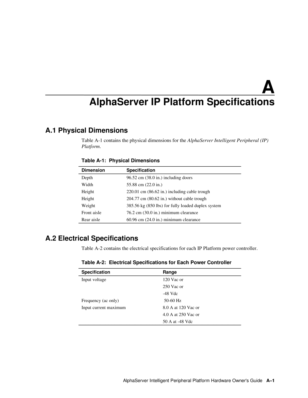 Compaq EK-ASIP2-OG. D01 manual AlphaServer IP Platform Specifications, Physical Dimensions, Electrical Specifications 