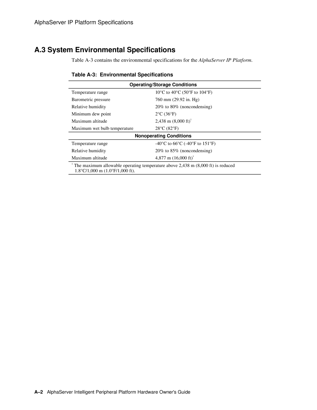 Compaq EK-ASIP2-OG. D01 manual System Environmental Specifications, Table A-3 Environmental Specifications 