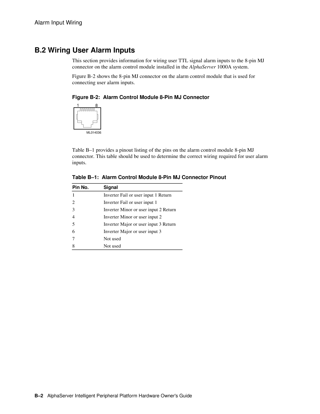 Compaq EK-ASIP2-OG. D01 Wiring User Alarm Inputs, Table B-1 Alarm Control M odule 8-Pin MJ Connector Pinout, Pin No Signal 