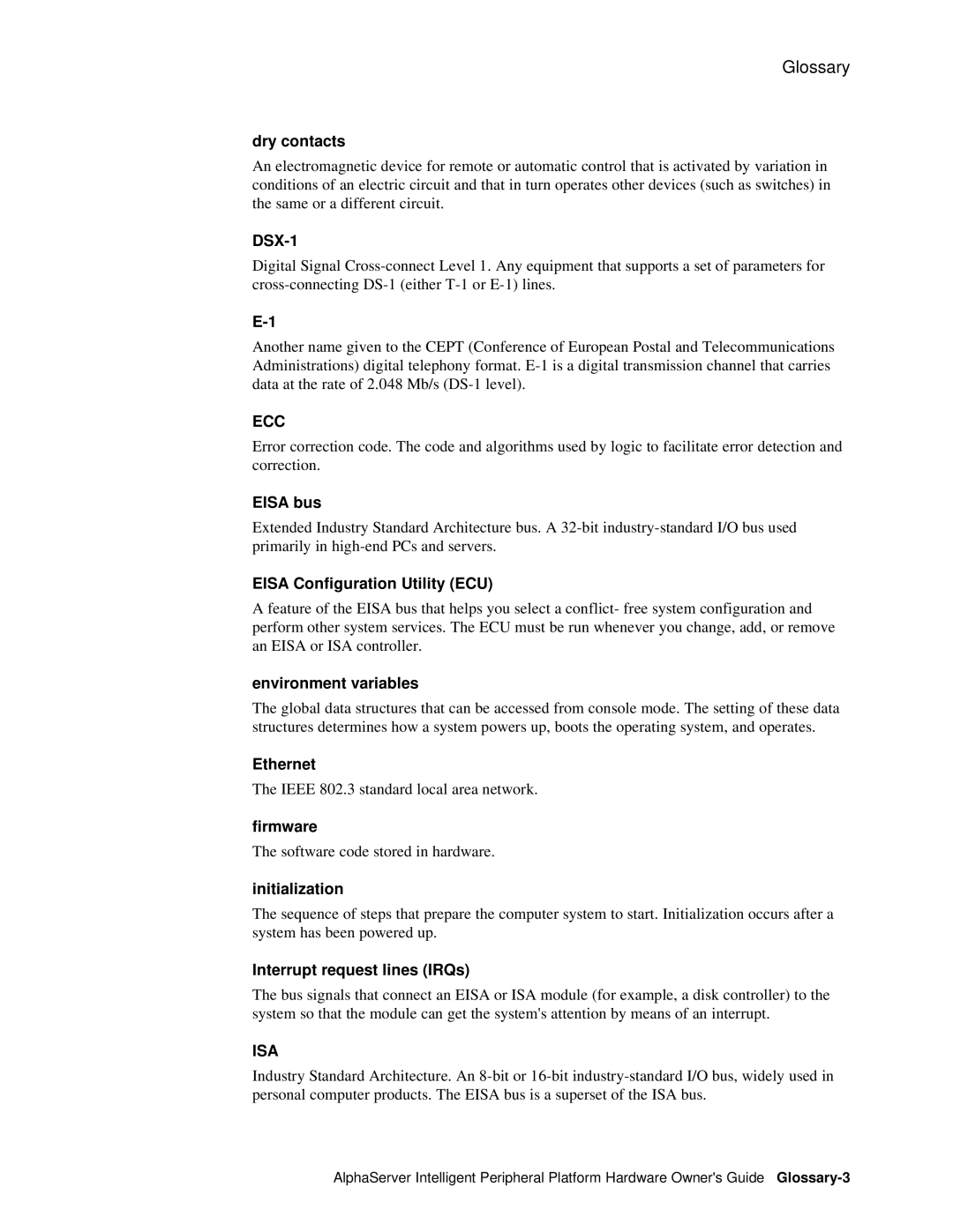 Compaq EK-ASIP2-OG. D01 manual Eisa bus, Eisa Configuration Utility ECU, Environment variables, Ethernet, Firmware 