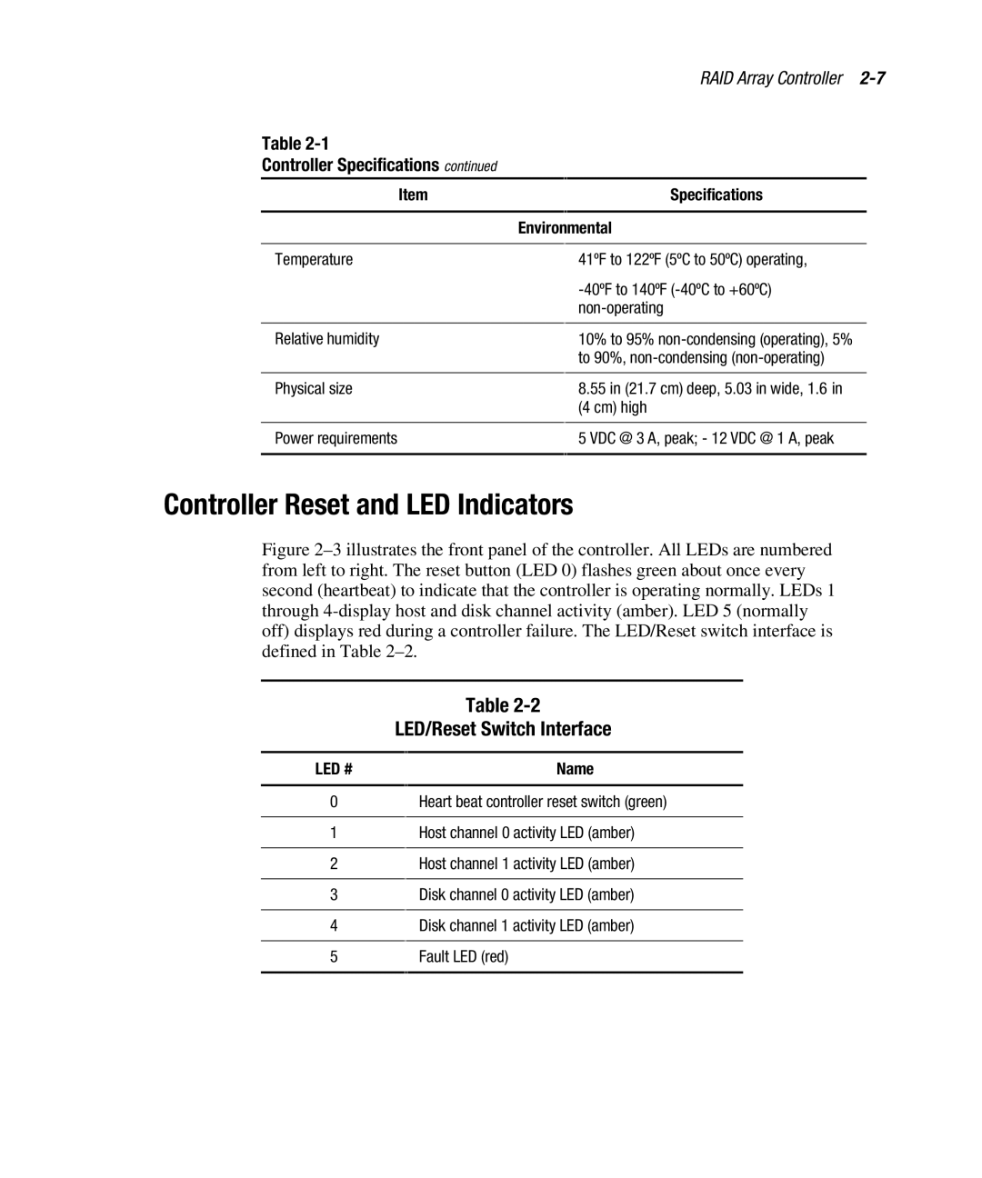 Compaq EK-SMCPO-UG. C01 manual Controller Reset and LED Indicators, LED/Reset Switch Interface, Environmental, Name 