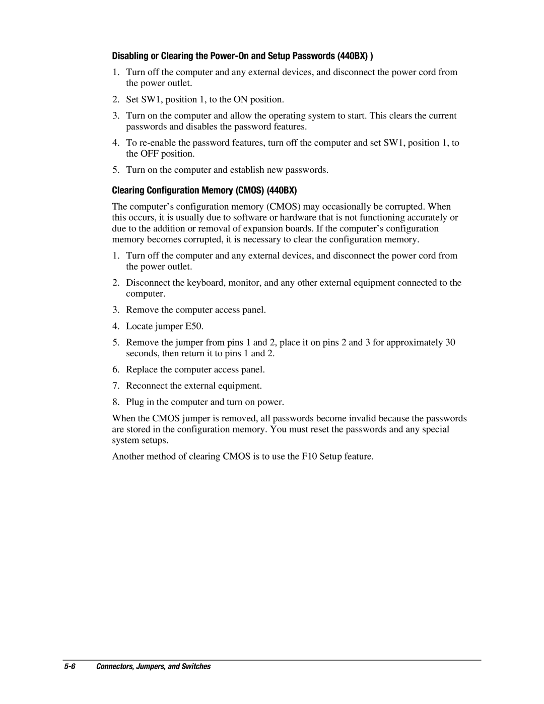 Compaq EP Series manual Disabling or Clearing the Power-On and Setup Passwords 440BX 