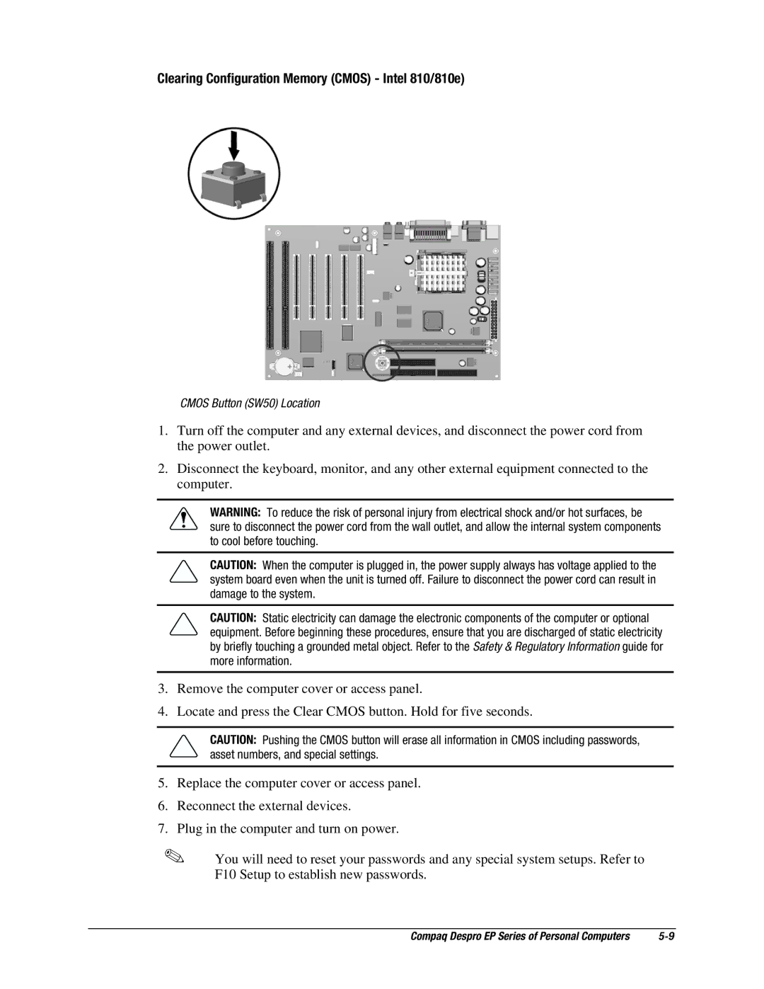 Compaq EP Series manual Clearing Configuration Memory Cmos Intel 810/810e 