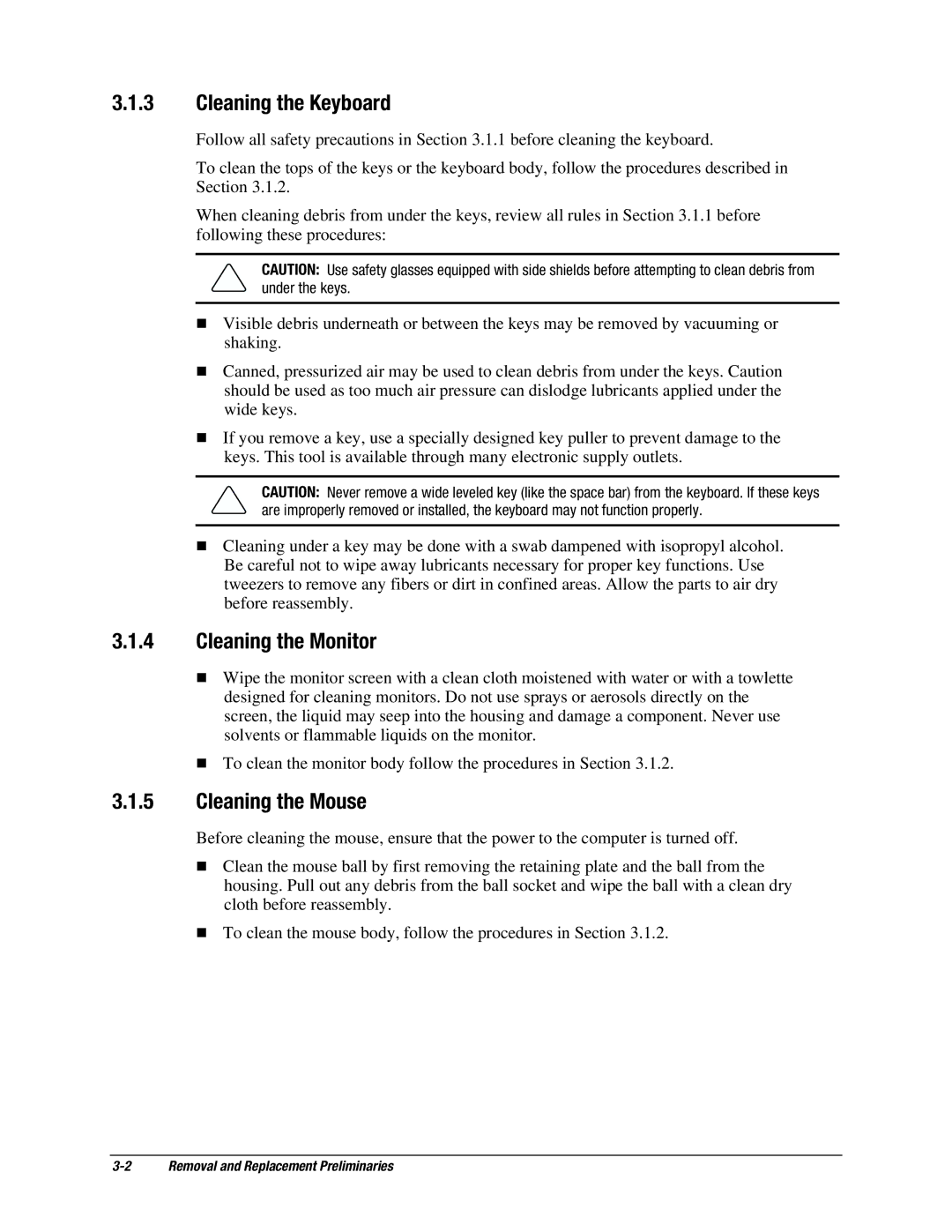 Compaq EP Series manual Cleaning the Keyboard, Cleaning the Monitor, Cleaning the Mouse 