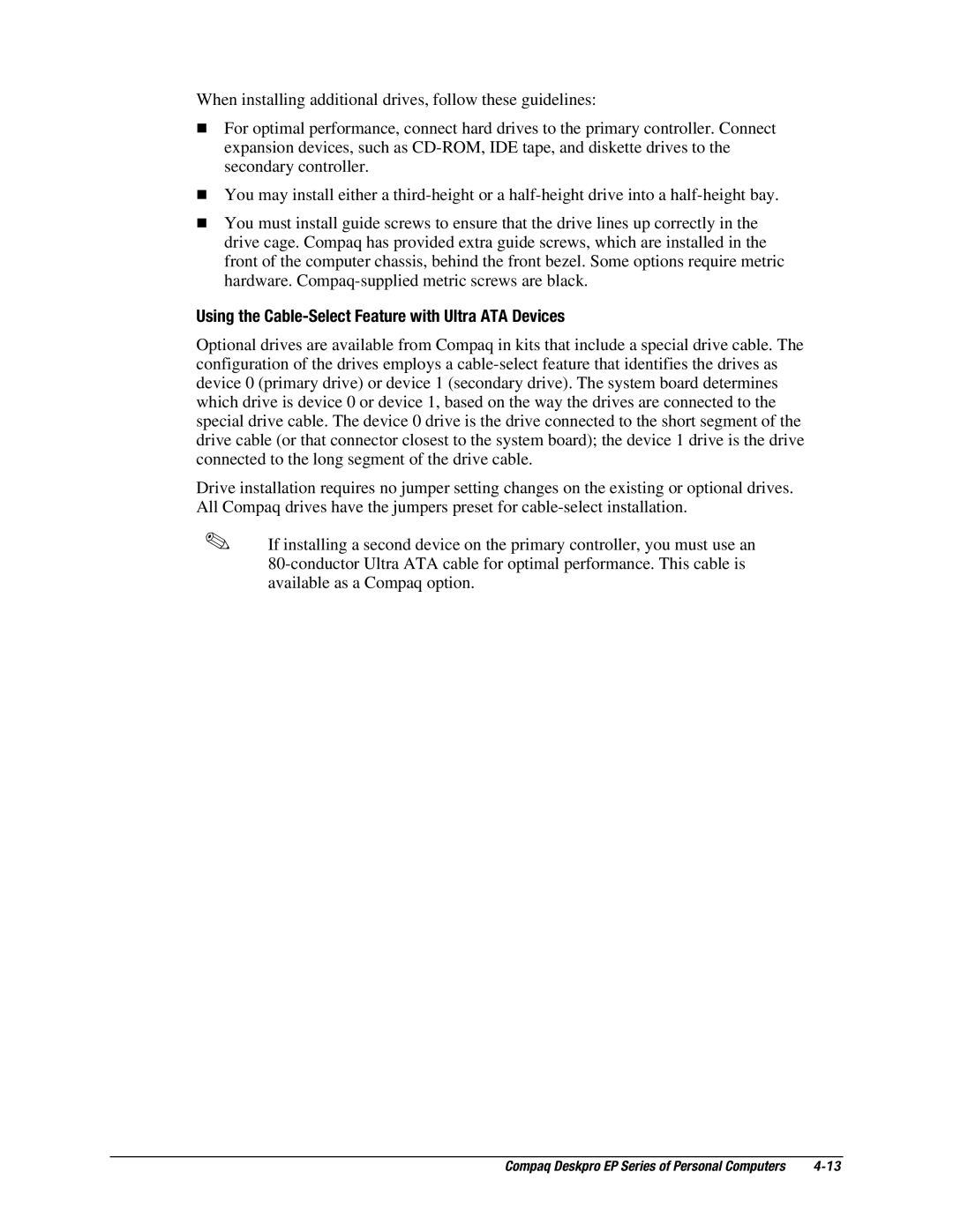 Compaq EP Series manual Using the Cable-Select Feature with Ultra ATA Devices 