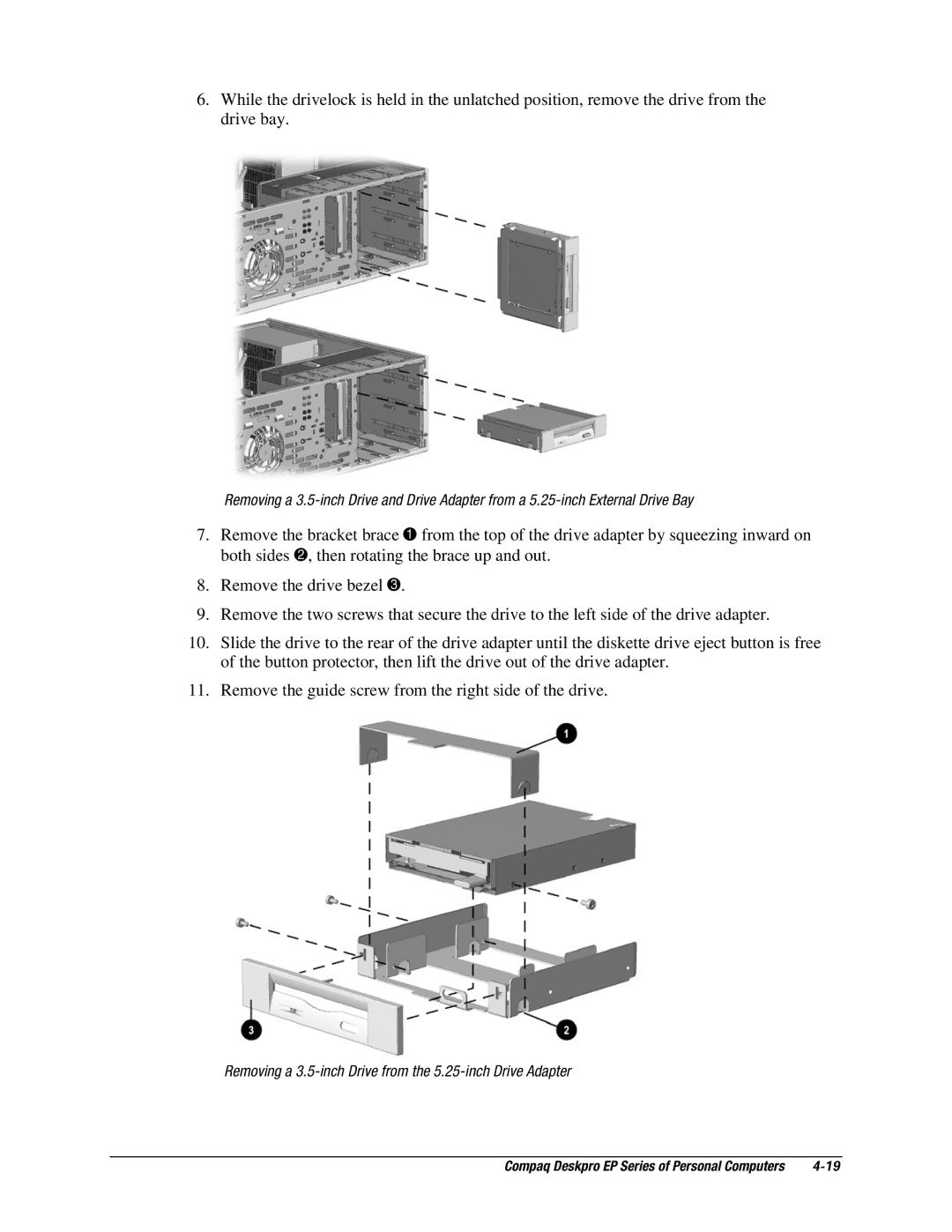 Compaq EP Series manual Removing a 3.5-inch Drive from the 5.25-inch Drive Adapter 