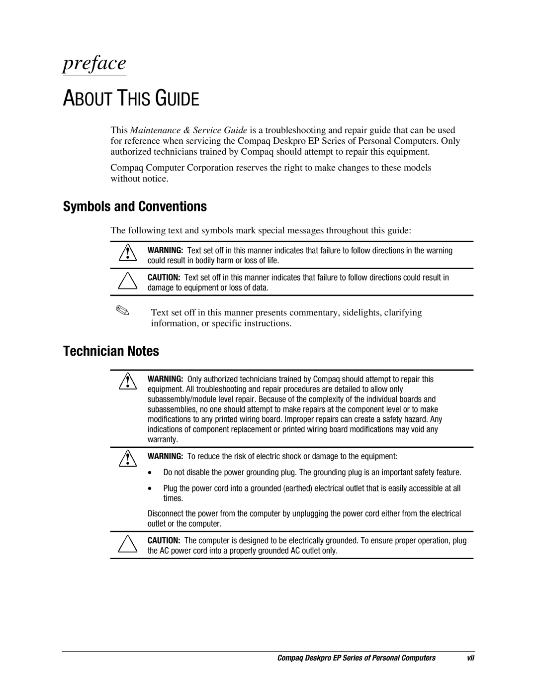 Compaq EP Series manual Symbols and Conventions, Technician Notes 