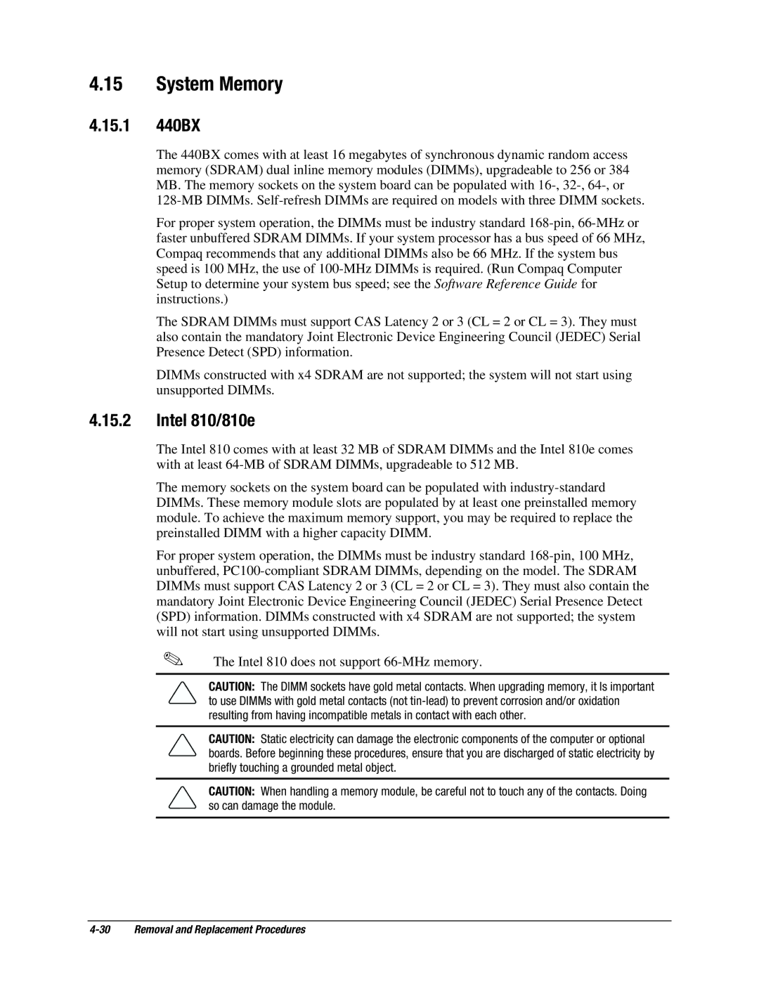 Compaq EP Series manual System Memory, 15.1 440BX, Intel 810/810e 