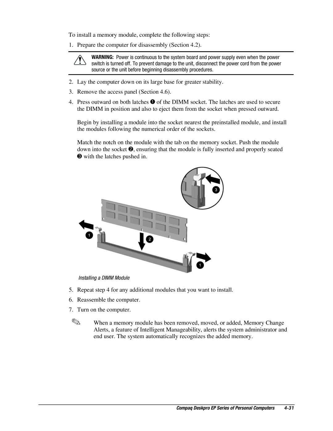 Compaq EP Series manual Installing a Dimm Module 