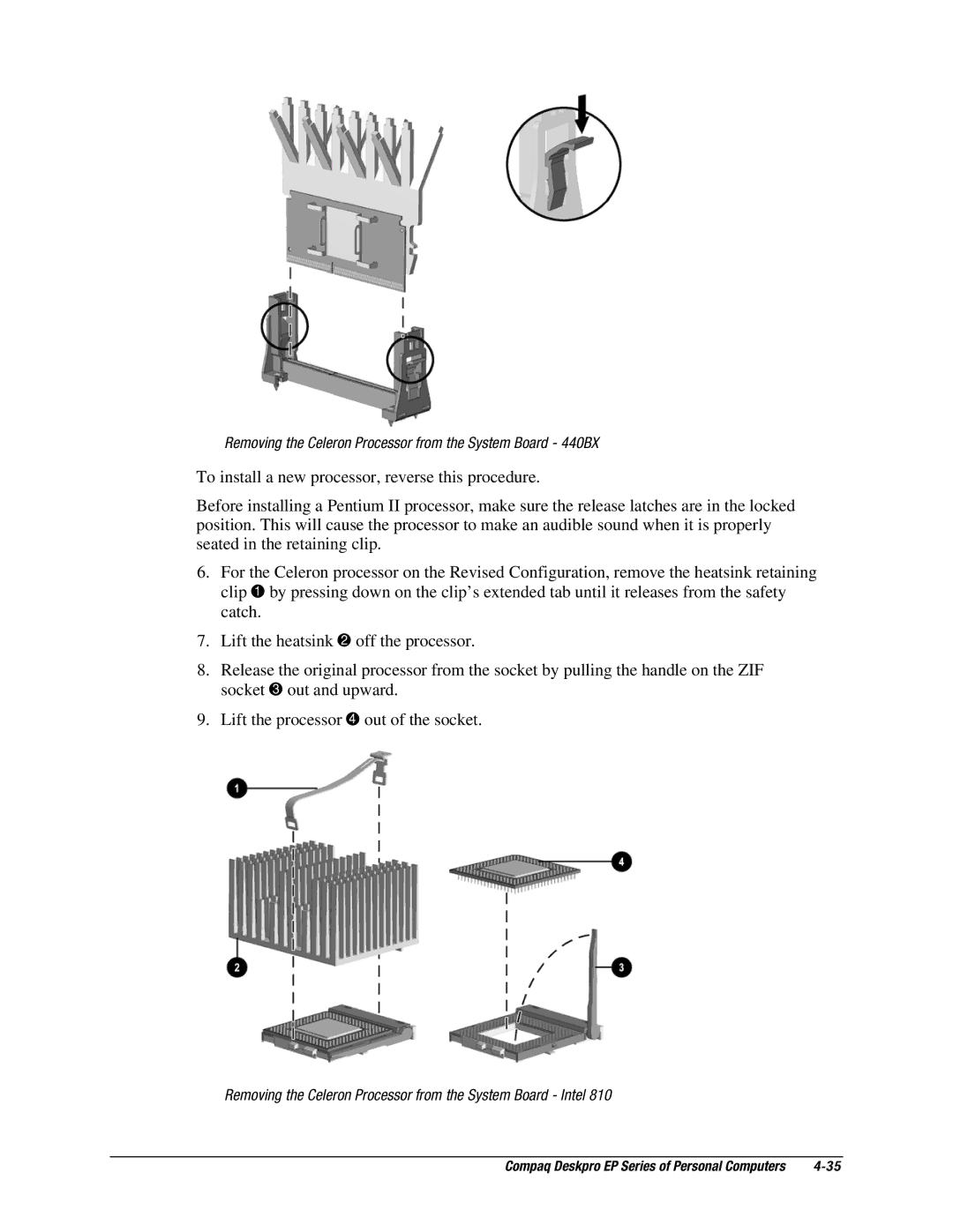 Compaq EP Series manual Removing the Celeron Processor from the System Board 440BX 