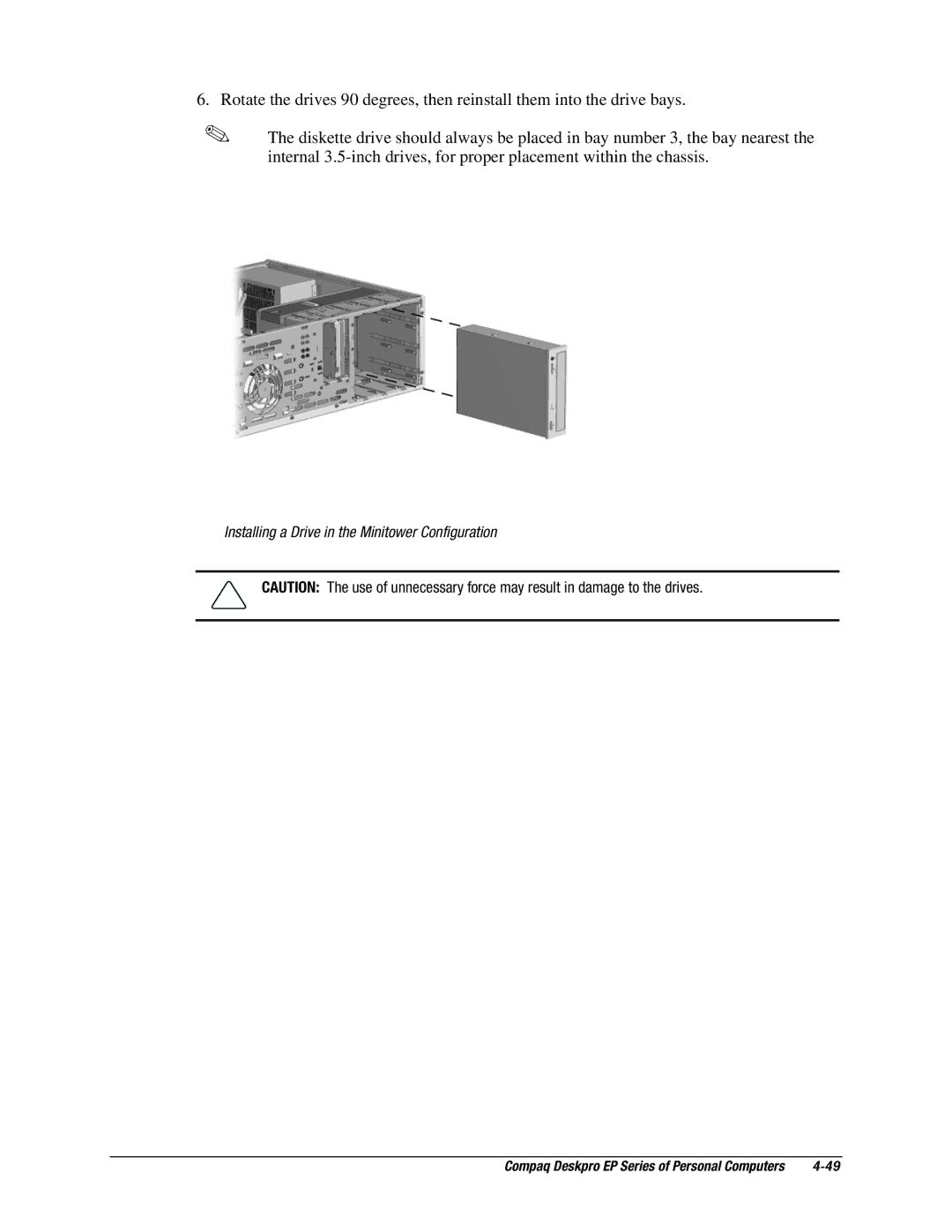 Compaq EP Series manual Installing a Drive in the Minitower Configuration 