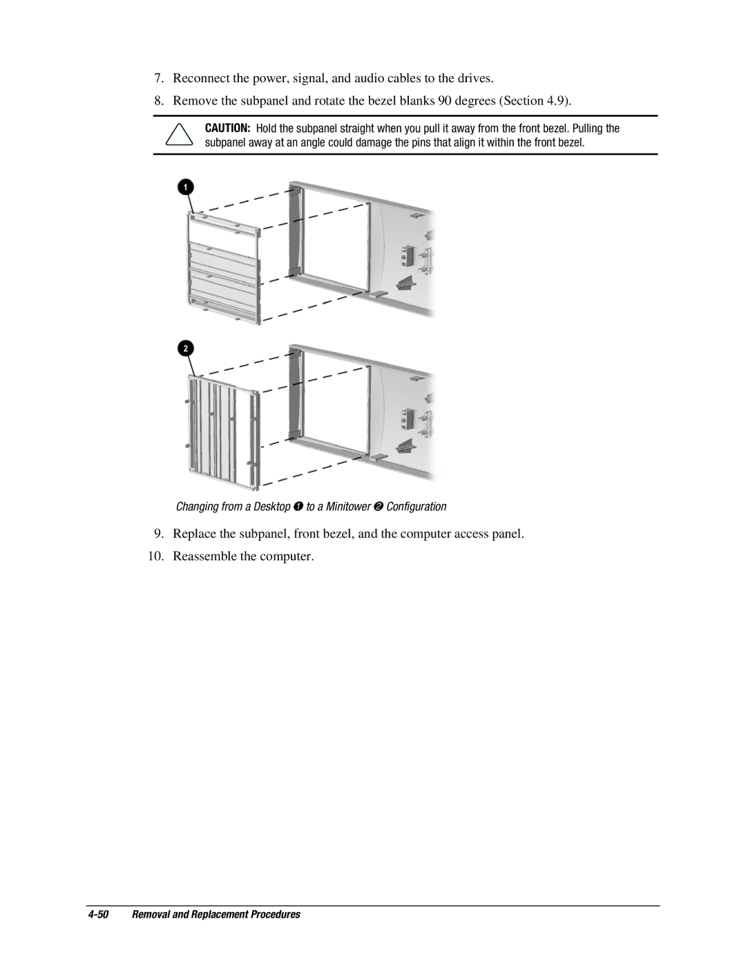 Compaq EP Series manual Changing from a Desktop 1 to a Minitower 2 Configuration 