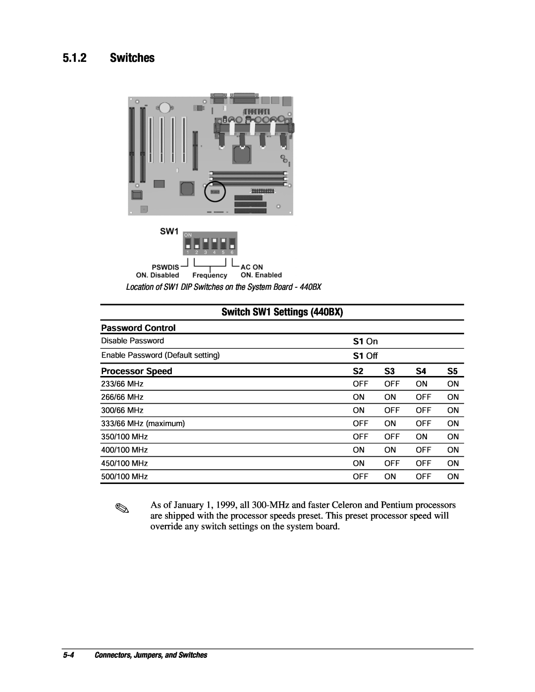 Compaq EP Series manual Switches, Switch SW1 Settings 440BX 
