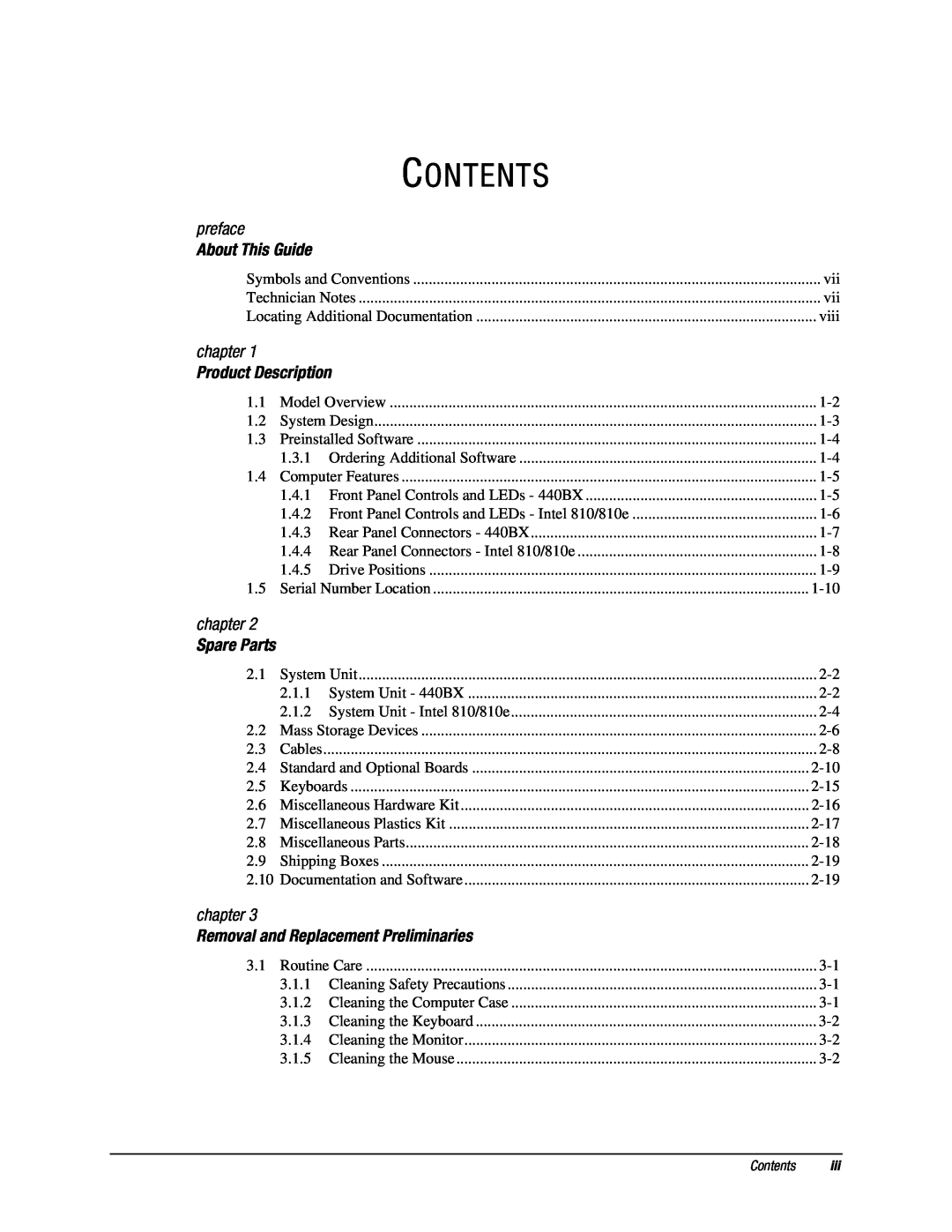 Compaq EP Series manual Contents, preface, About This Guide, chapter, Product Description, Spare Parts 