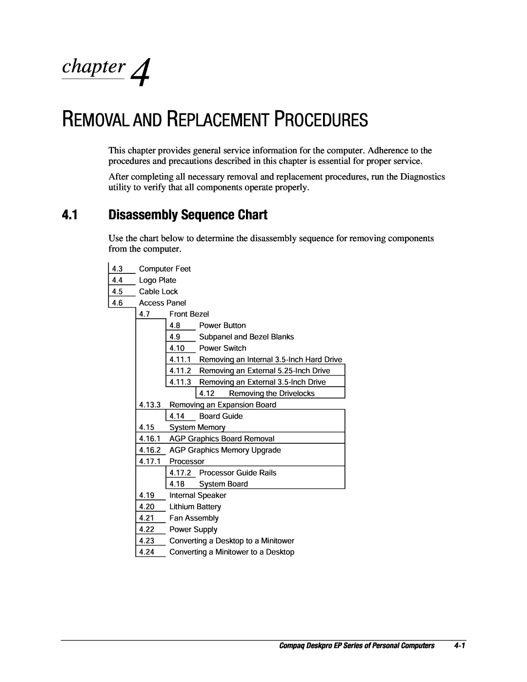 Compaq EP Series manual Removal And Replacement Procedures, Disassembly Sequence Chart, chapter 