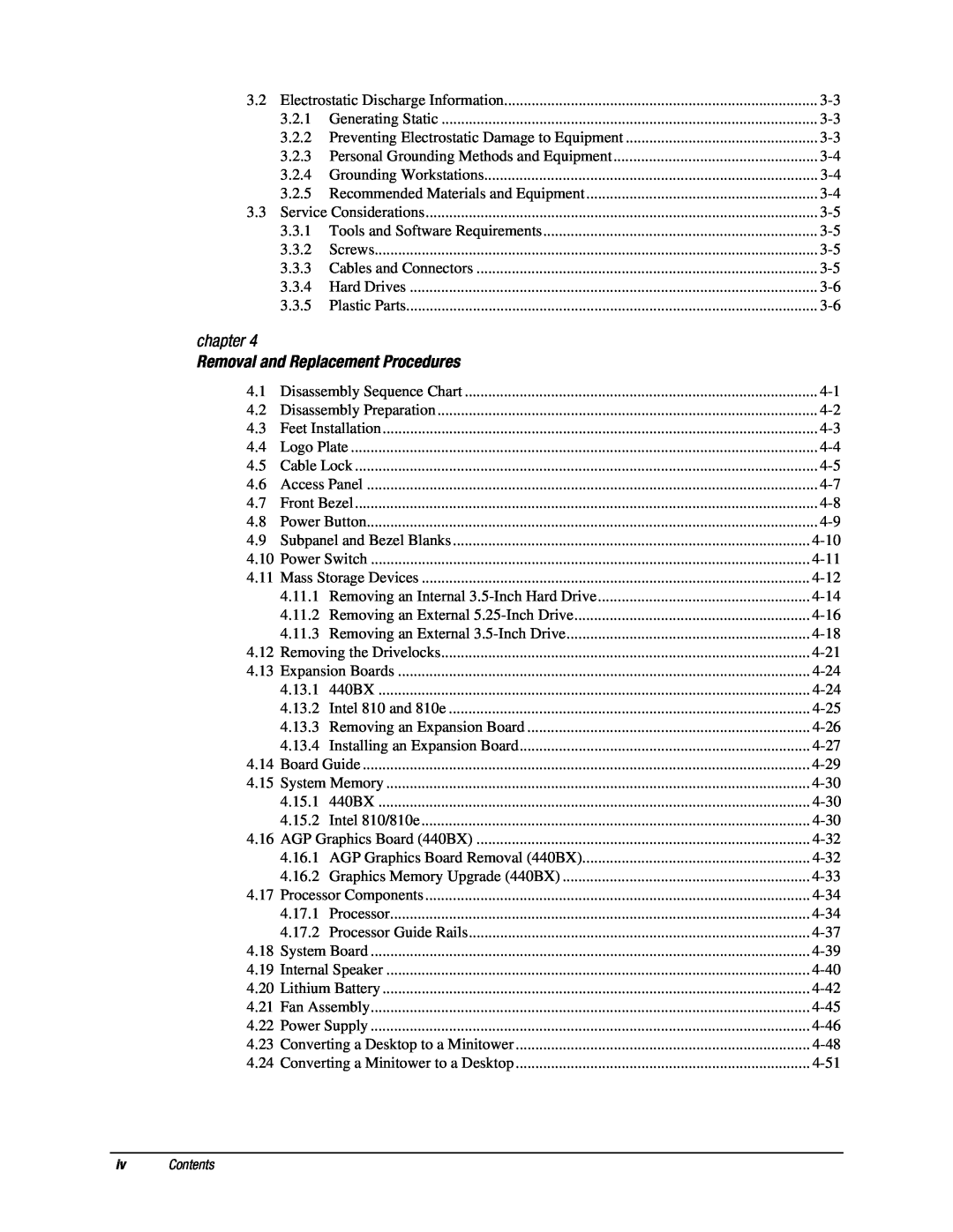 Compaq EP Series manual Removal and Replacement Procedures, chapter, iv Contents 