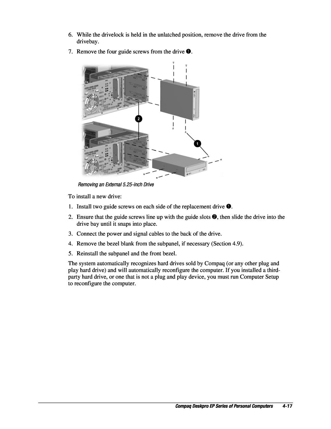 Compaq EP Series manual Removing an External 5.25-inch Drive 