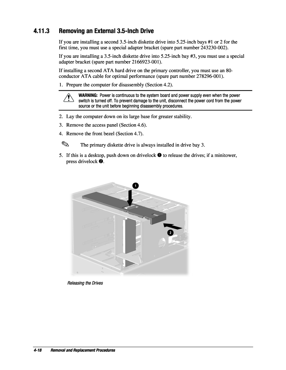 Compaq EP Series manual Removing an External 3.5-Inch Drive, Removal and Replacement Procedures 